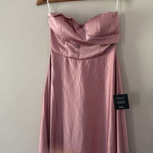 New Lulus Real Romantic Light Rose Satin Strapless Maxi Dress Size S - Picture 4 of 16